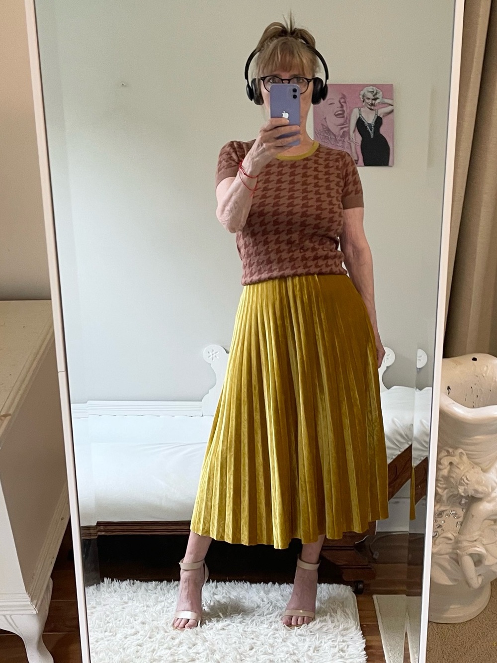 GOLDENROD YELLOW VELVET VELOUR PLEATED MIDI SKIRT ZIPPER HIGH WAIST COTTON BLEND